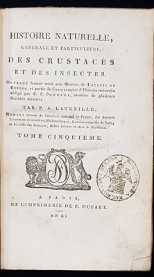HISTOIRE NATURELLE, GENERALE ET PARTICULIERE DES CRUSTACES ET DES INSECTES par P. A. LATREILLE, TOM V - PARIS, 1802 foto