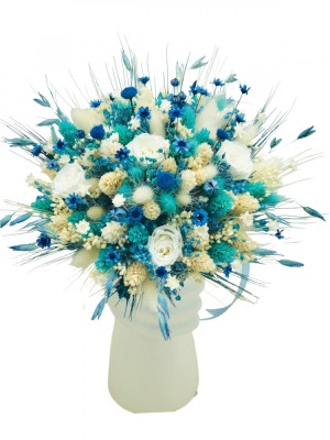 Buchet mediu personalizabil cu trandafiri si flori uscate (Bleu, Alb) foto