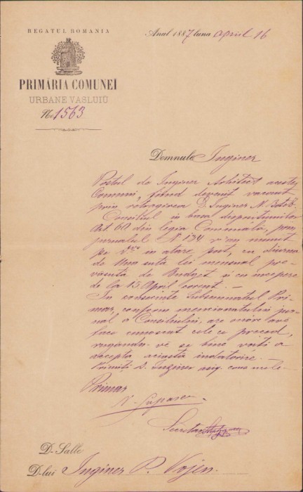 HST 245S Numire inginer al orașului Vaslui 1887 semnat olograf primar N Lupașcu