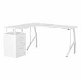 Cumpara ieftin HOMCOM Masa de birou de colt cu sertar, masa de birou oficiu suport PC din lemn si metal, alb, 143,5x143,5x76cm