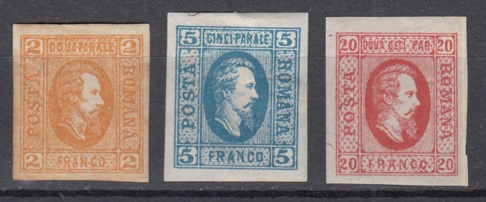 ROMANIA 1865 LP 15 LP 16 LP 17 ALEXANDRU IOAN CUZA EFIGIA DOMNITORULUI IN OVAL IN OVAL GUMA ORIGINALA 2PARALE+5 PARALE HARTIE VARGATA