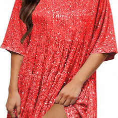 UD Femei Rochie Paiete Sparkly Giltter Gât Rotund Maneca Scurta A-Line Loose Swi