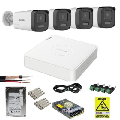 Sistem Supraveghere Analog Hikvision 4 Camere 3K Ultra HD, Dual Light 40m, Audio, DVR 4 Canale 3K lite 5MP, 1xSata, Functii inteligente, accesorii mon foto