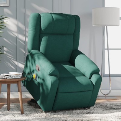 vidaXL Fotoliu rabatabil de masaj, cu ridicare, verde &amp;icirc;nchis, textil foto