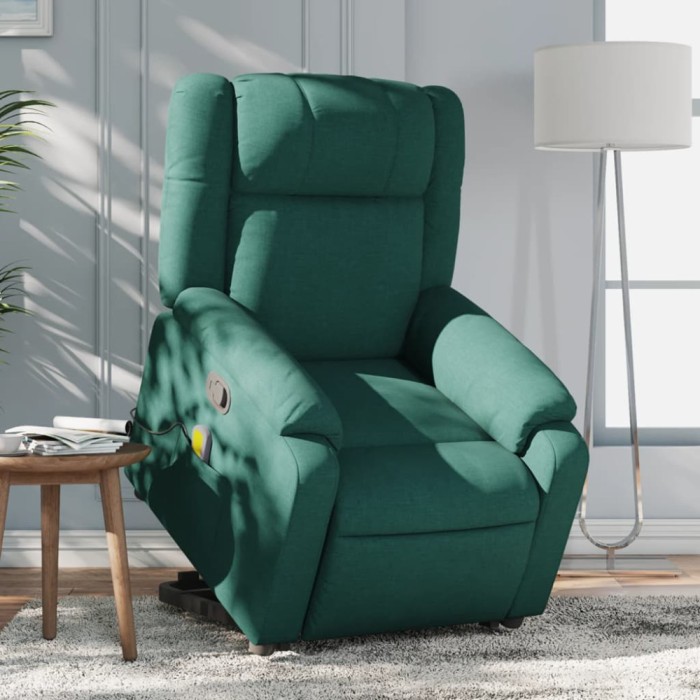 vidaXL Fotoliu rabatabil de masaj, cu ridicare, verde &icirc;nchis, textil