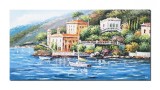 Cumpara ieftin Tablou pictat manual living, dormitor, Peisaj lacul Como, 120x60cm ulei pe panza in cutit efect 3D, gata de expus pe perete