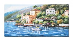 Tablou pictat manual living, dormitor, Peisaj lacul Como, 120x60cm ulei pe panza in cutit efect 3D, Valentin Pop