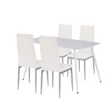 Set Sufragerie Renton 4+1 Leziter Alb-Gri, Masa Piatra Sinterizata 140x80cm, Scaune Piele Textila