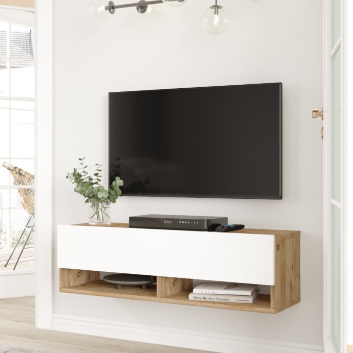 Comoda TV cu 2 usi Laitila 29,5x100x31,5cm stejar rustic/alb [en.casa] HausGarden Leisure