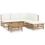 Set mobilier de gradina cu perne alb crem, 6 piese, bambus
