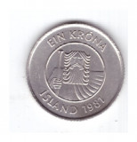 Moneda Islanda 1 krona 1981, stare foarte buna, curata