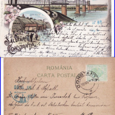 Constanta, Dobrogea - Litografie 1898- Podul Cernavoda, baile