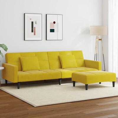 vidaXL Canapea extensibilă cu taburet, 2 locuri, galben, catifea 3258120 foto