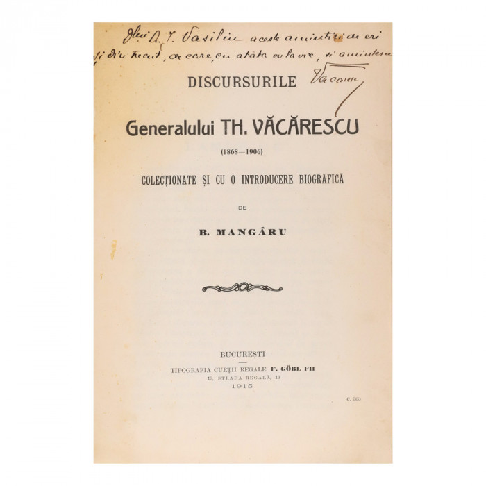 B. Mang&acirc;ru, Discursurile Generalului Th. Văcărescu, cu dedicație