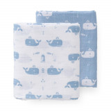 Set 2 paturici muselina de infasat din bumbac organic Whale blue fog 120x120 cm