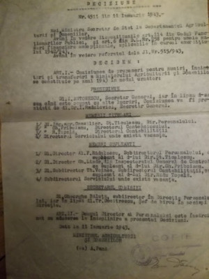 Document Ministerul Agriculturii 1943, presedinte comisie I. Antonescu, razboi foto