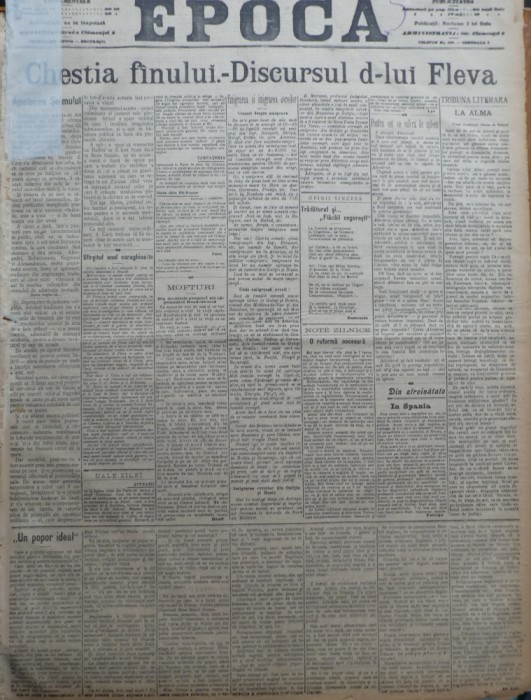 Ziarul Epoca, 19 Decembrie 1899 ; Chestia fanului ; Discursul domnului Fleva