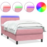 Cumpara ieftin Pat cu arcuri cu saltea si LED, roz, 80x220 cm, catifea