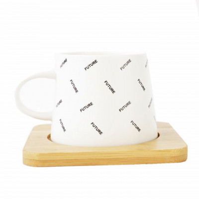 Cana ceramica cu suport din lemn si lingurita Pufo Future pentru cafea sau ceai, 220 ml, alb foto