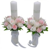 Set nunta, 2 lumanari personalizabile cu nume si data decorate cu flori din foita de sapun, 40 cm (Alb-roze)