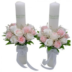 Set nunta, 2 lumanari personalizabile cu nume si data decorate cu flori din foita de sapun, 40 cm (Alb-roze)