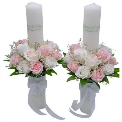 Set nunta, 2 lumanari personalizabile cu nume si data decorate cu flori din foita de sapun, 40 cm (Alb-roze) foto