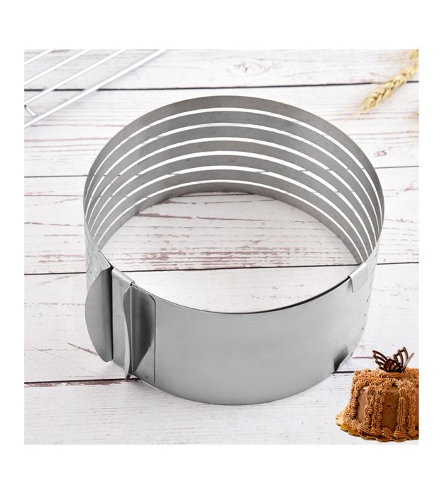 Inel metalic reglabil pentru blat de tort, prajituri, cu 6 spatii de feliere, inaltime 8.5 cm, argintiu