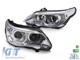 Kit de faruri tuning cu ochi de &icirc;nger LED 3D, potrivit pentru BMW Seria 5 E60 sedan, E61 touring 2003-2007 cu baza cromata, stanga si dreapta, pentru