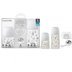 Set cadou biberon 150 ml + biberon 270 ml + suzetă + lănțișor suzetă fox, suavinex