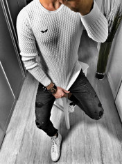 Bluza pentru barbati, din bumbac si vascoza, transparenta, casual, slim fit, alb - LOGO JUMPER foto