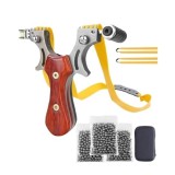 Cumpara ieftin Set prastie metalica cu laser si 300 bile metalice 7 mm, 12 cm, boloboc, maner lemn, maro, husa inclusa