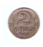 Moneda Yugoslavia 2 dinara 1938 large crown, cu urme de corodare, curata