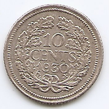 Olanda 10 Cents 1930 - Wilhelmina, Argint 1.4 g/640, 15 mm KM-163 foto