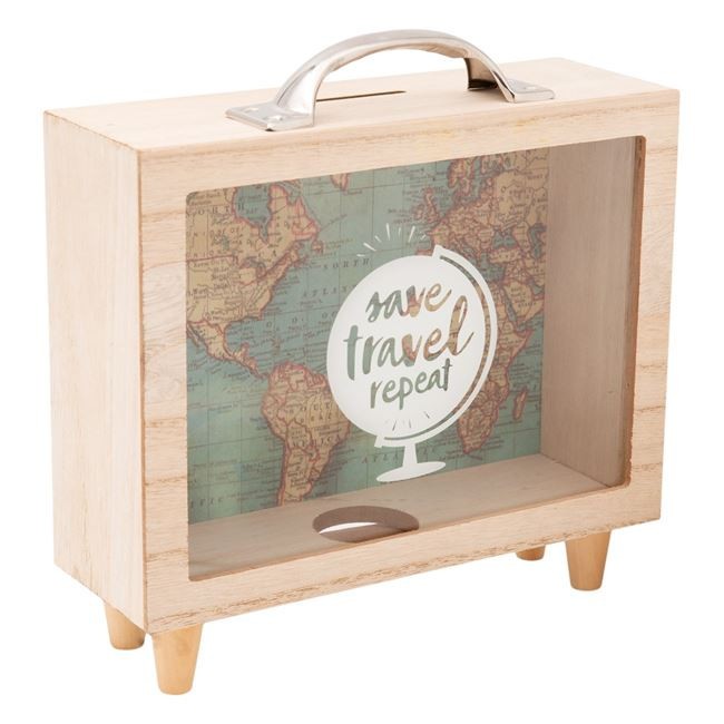 Pusculita, model Save Travel Repeat din lemn, 21 x 16 x 7 cm