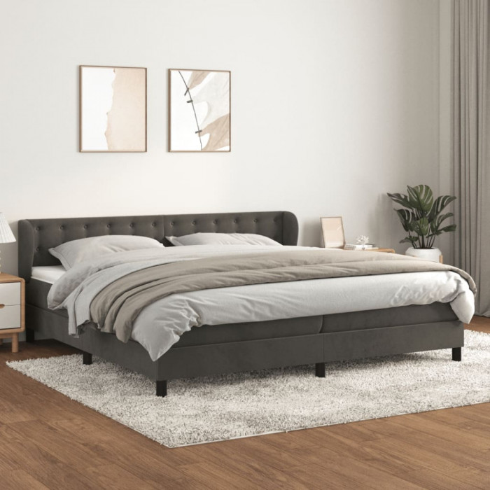 vidaXL Pat box spring cu saltea, gri &icirc;nchis, 200x200 cm, catifea