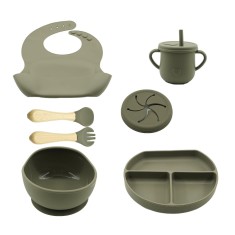 Set 8 piese diversificare bebelusi din silicon, baveta, farfurie cu ventuza, bol cu ventuza, tacamuri din lemn si silicon, cana, fara alergeni, verde