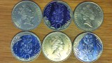 Noua Zeelanda - set 5+1 gratis monede demonetizate bancar cu vopsea albastra - 20 cents 1990 Pukaki - var mare ⌀28.58 mm, Australia si Oceania