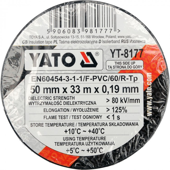 Banda electroizolanta PVC 50 mm x 33 m x 0.19 mm neagra YATO