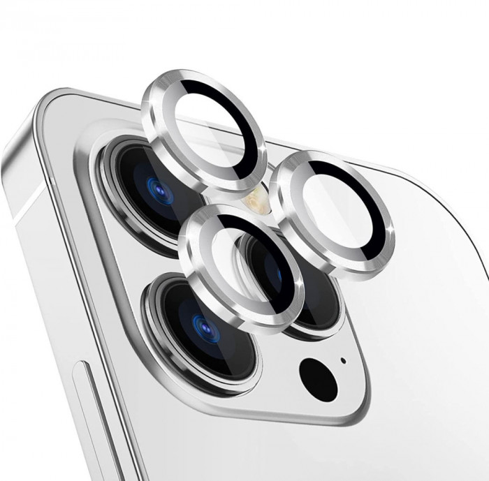 Sticla de protectie camere cu cadru din aluminiu pentru iPhone 13, Argintiu
