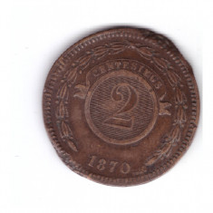 Moneda Paraguay 2 centesimos 1870, lovita, deformata