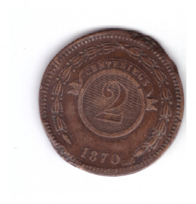 Moneda Paraguay 2 centesimos 1870, lovita, deformata foto