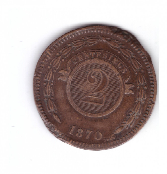 Moneda Paraguay 2 centesimos 1870, lovita, deformata