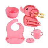 Set 10 Piese Servire Masa, pentru Bebelusi, din Silicon/Lemn, cu Ventuze Anti-alunecare, fara Alergeni. +6 Luni, Model Elefant, Roz