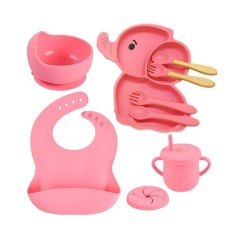 Set 10 Piese Servire Masa, pentru Bebelusi, din Silicon/Lemn, cu Ventuze Anti-alunecare, fara Alergeni. +6 Luni, Model Elefant, Roz