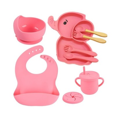 Set 10 Piese Servire Masa, pentru Bebelusi, din Silicon/Lemn, cu Ventuze Anti-alunecare, fara Alergeni. +6 Luni, Model Elefant, Roz foto