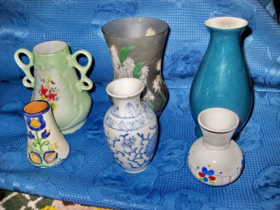829-Set 6 vazute stil rustic, sticla, ceramica, portelan. foto