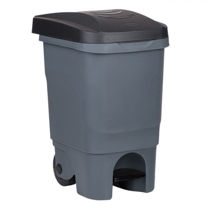 Coș de Gunoi Plastic, Antracit, 60L, Capac, Pedală, Roți