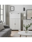 Comoda living VM5, o usa rabatabila pentru bar, 2 usi fixe, Pal Melaminat, cu elemente din MDF, Alb Antichizat