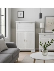 Comoda living VM5, o usa rabatabila pentru bar, 2 usi fixe, Pal Melaminat, cu elemente din MDF, Alb Antichizat