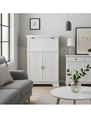 Comoda living VM5, o usa rabatabila pentru bar, 2 usi fixe, Pal Melaminat, cu elemente din MDF, Alb Antichizat